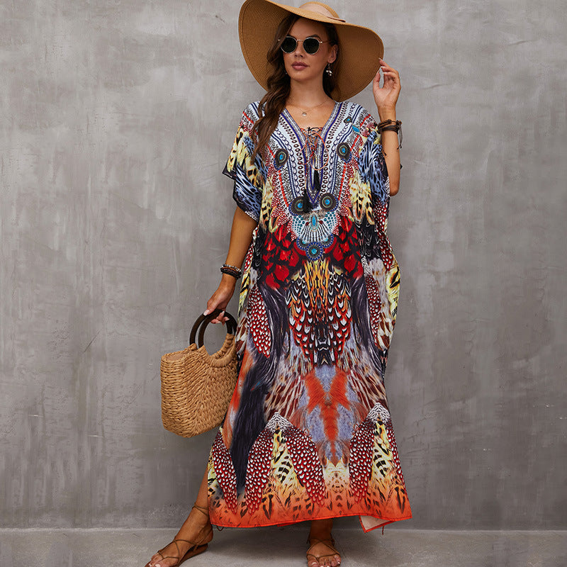 Rope Positioning Maxi Dress Loose Robe Seaside Vacation Beach Dress Bikini Swimsuit Blouse Women