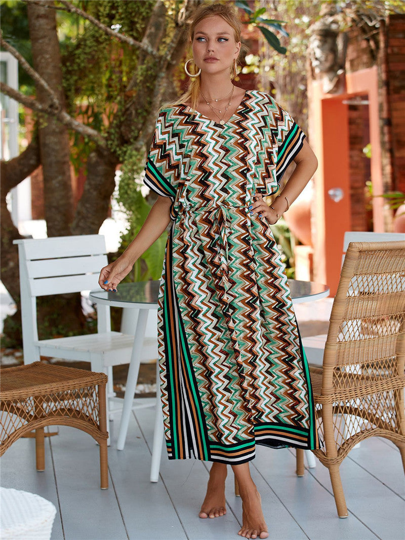 Rayon Wave Print Beach Cover-up Robe Vacation Sun Protection Shirt Bikini Cover