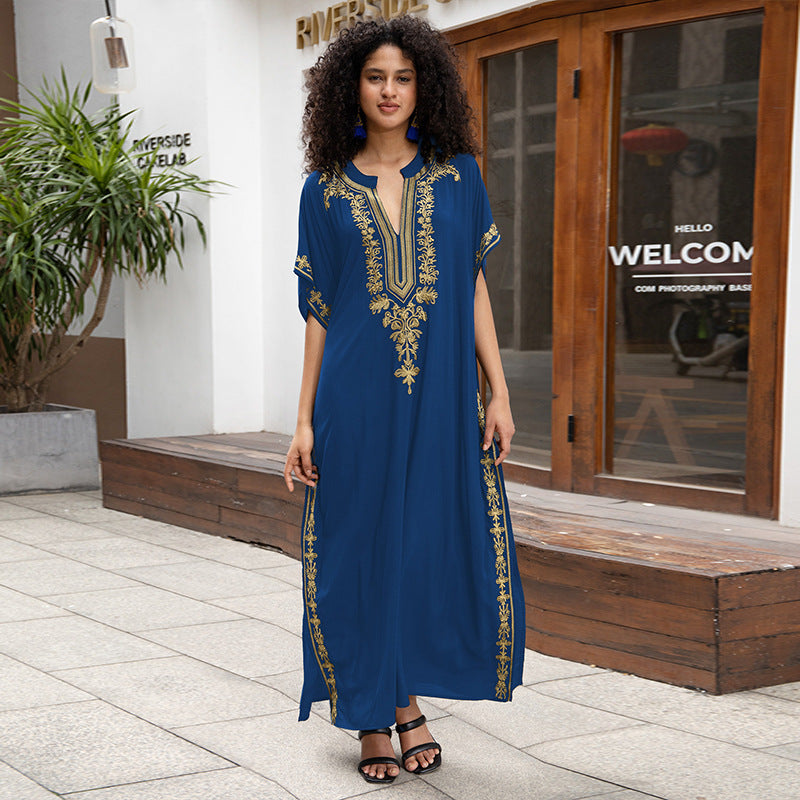 Rayon Embroidered Holiday Loose Jumpsuit Long Robe Beach Sun Protection Maxi Dress Beach Cover Up