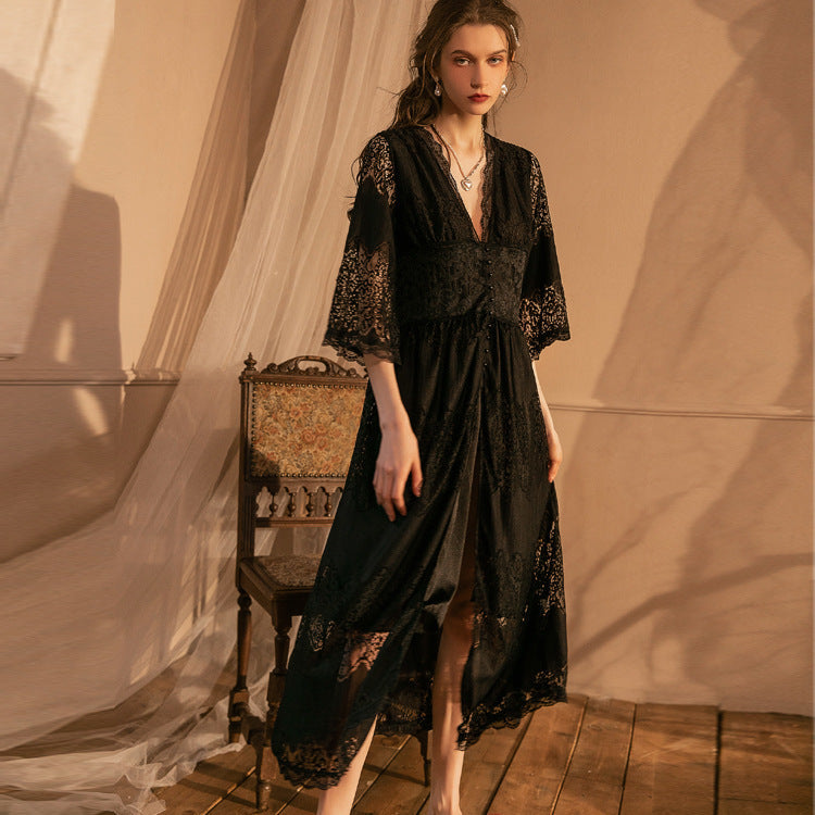 Emma Sheer Crochet Lace Maxi Dress - Black - Fashionpara