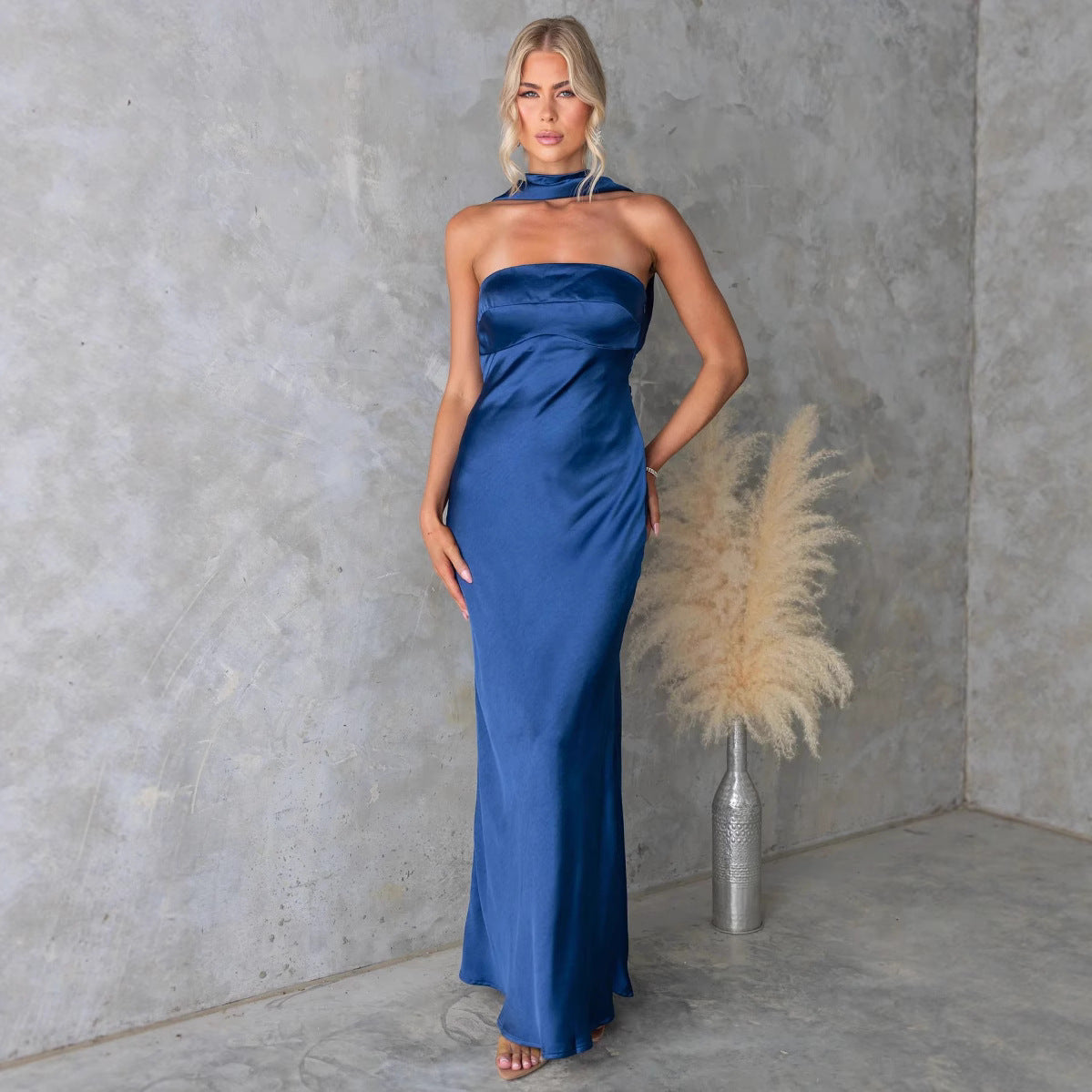 Summer Women Clothing Sexy Halter Satin Mercerized Maxi Dress