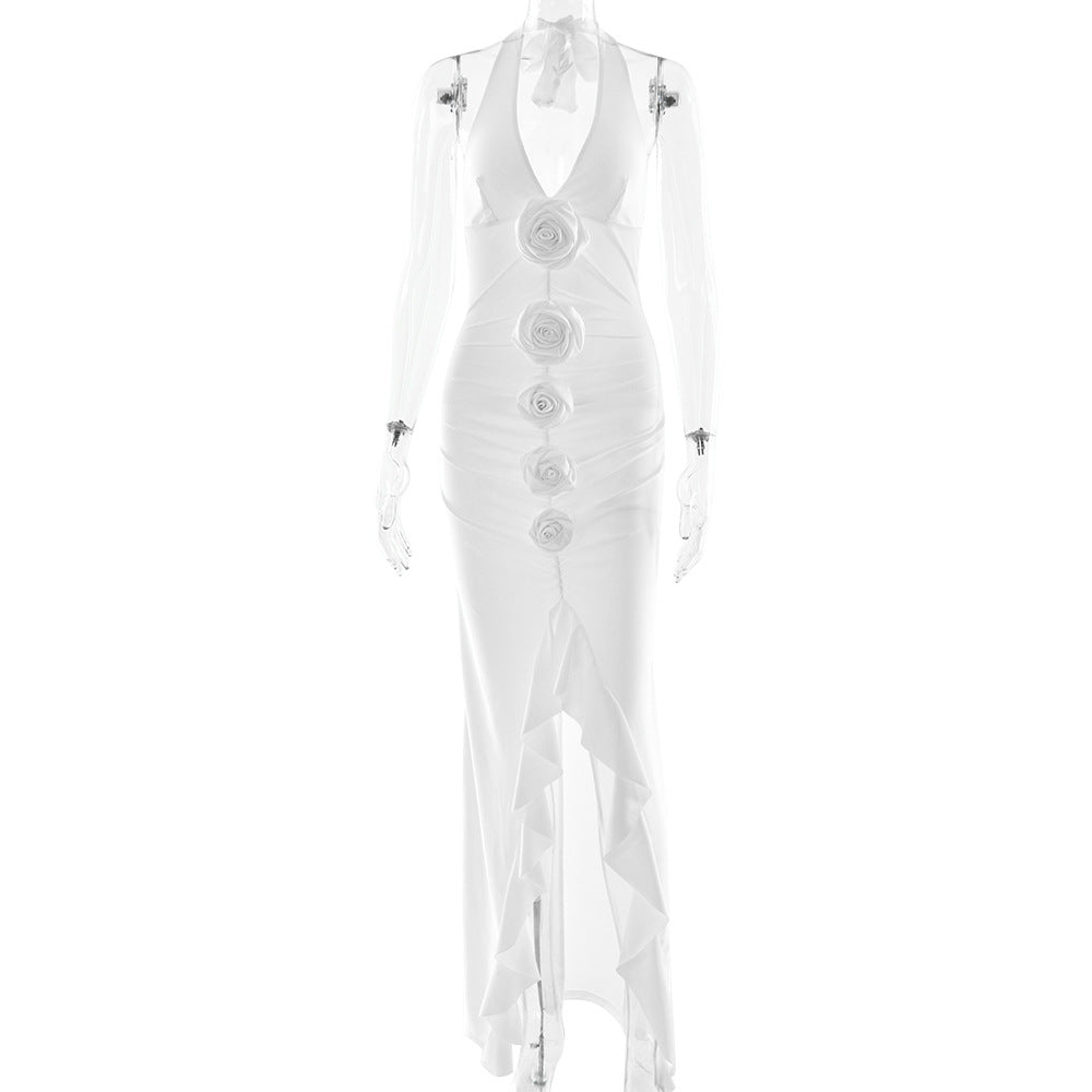 Sexy Women Dress Halter Deep V Plunge neck Backless Maxi Dress Floral Slit Slim Fitting Spring Dress