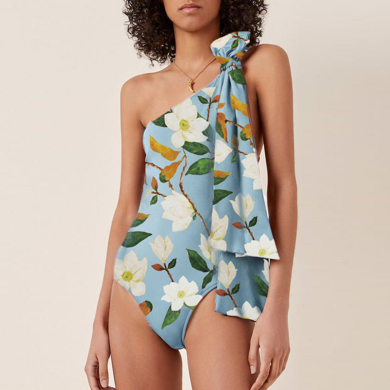 Oblique Shoulder Bow Bandage One Piece Swimsuit Women Suit