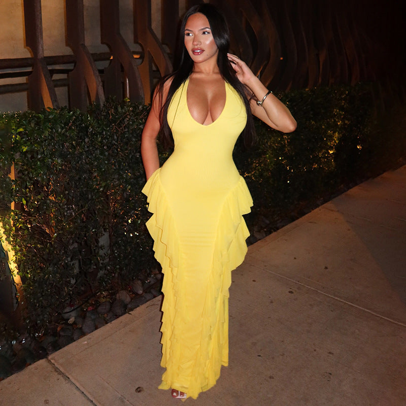 Women Clothing Sleeveless Backless Halter Lace up Bilateral Ruffled Maxi Dress