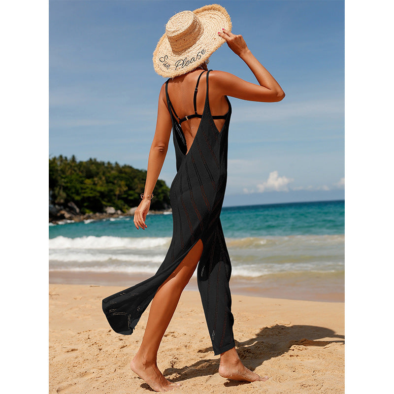 Travel Vacation Sexy Backless V-neck Solid Color Breathable Knitted Slit Maxi Dress Beach Sun Protection Blouse Crochet hook