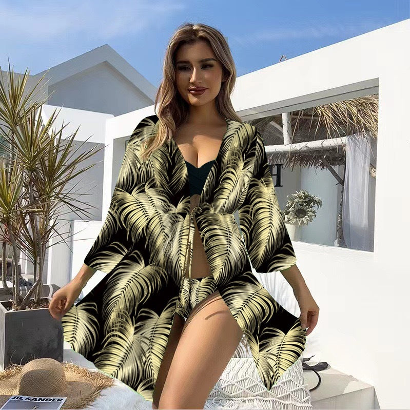 Bikini Three Piece Set Sunscreen Swimwear Mult Color Printed Long Sleeved Swimsuit for Women