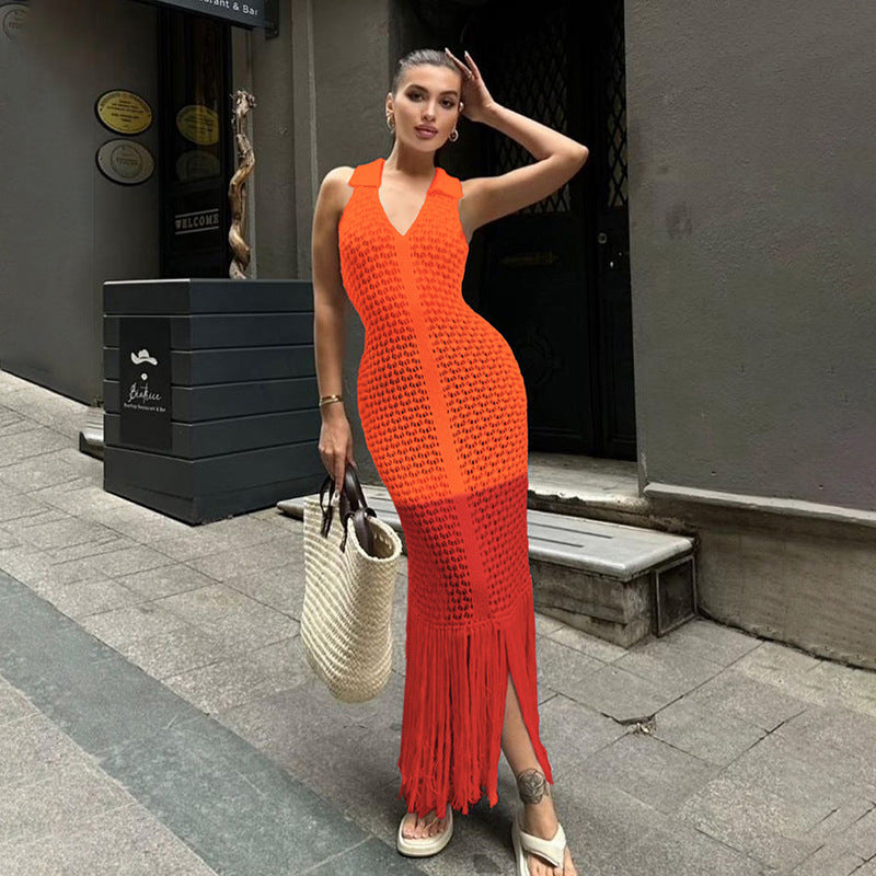 Summer Sexy Hollow Out Cutout out See through Maxi Dress Polo Collar Dress Women Clothing