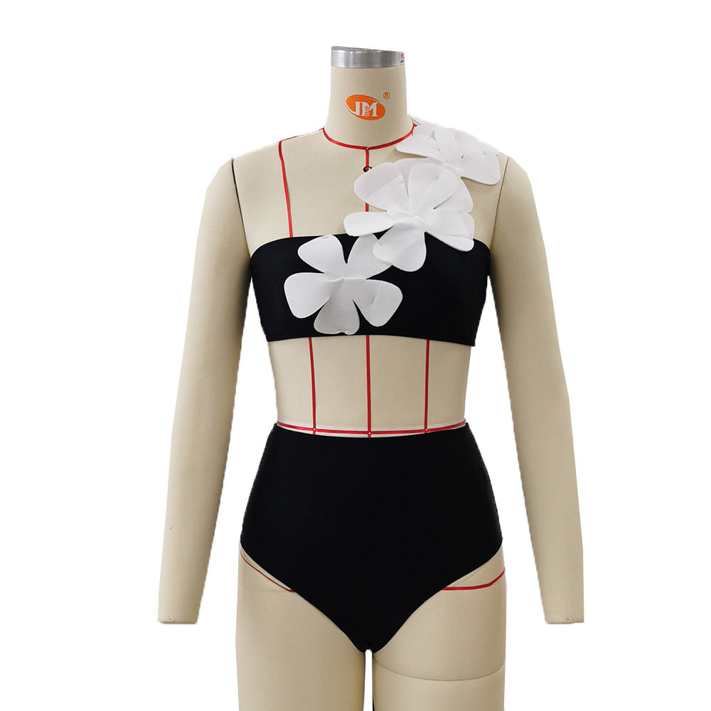 Split Swimsuit Women Solid Color One Shoulder Big Floral Tube Top High Waist Bikini Bikini