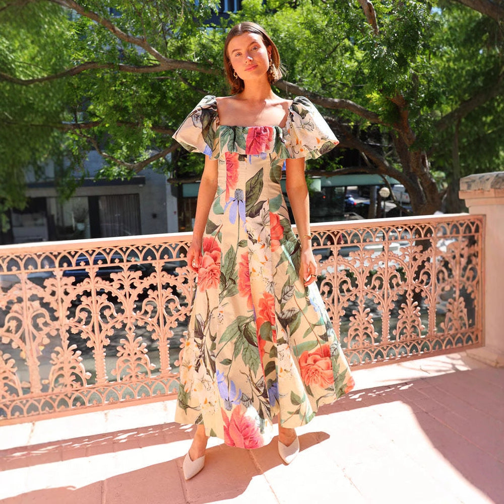 Dress Chiffon Floral Print off Shoulder Beach Dress Seaside Vacation Maxi Dress Women