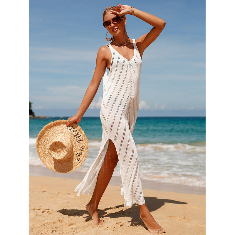 Travel Vacation Sexy Backless V-neck Solid Color Breathable Knitted Slit Maxi Dress Beach Sun Protection Blouse Crochet hook