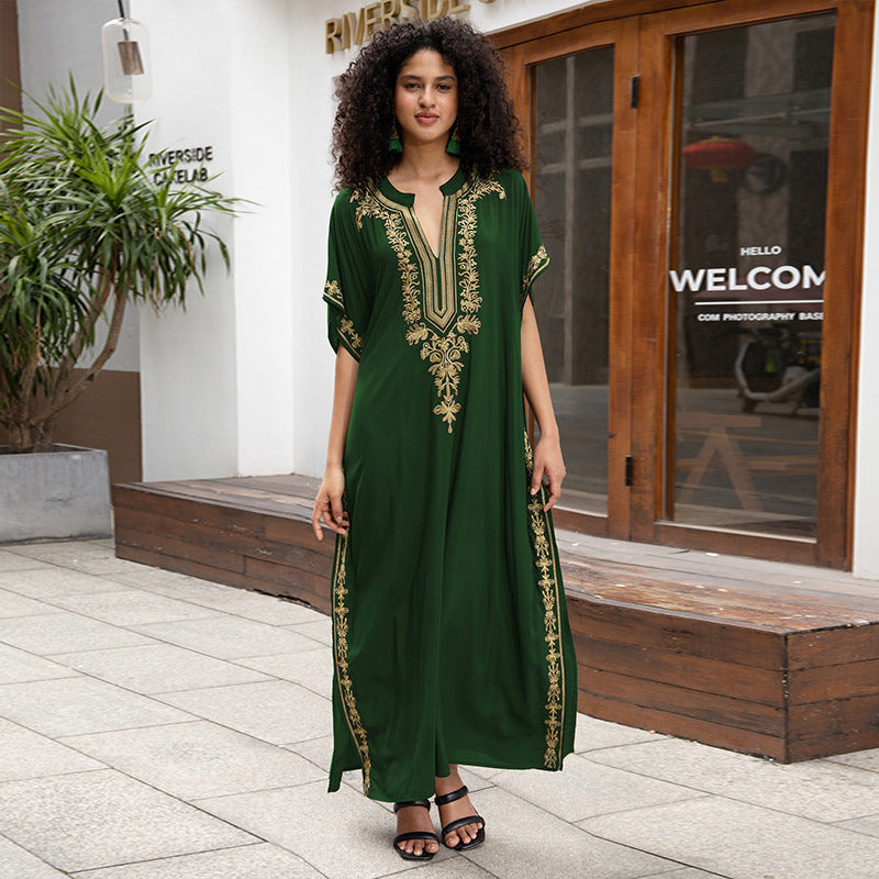 Rayon Embroidered Holiday Loose Jumpsuit Long Robe Beach Sun Protection Maxi Dress Beach Cover Up