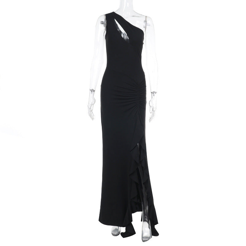 Spring Maxi Dress Elegant Sexy Slim One Shoulder Frill Ribbon Dress
