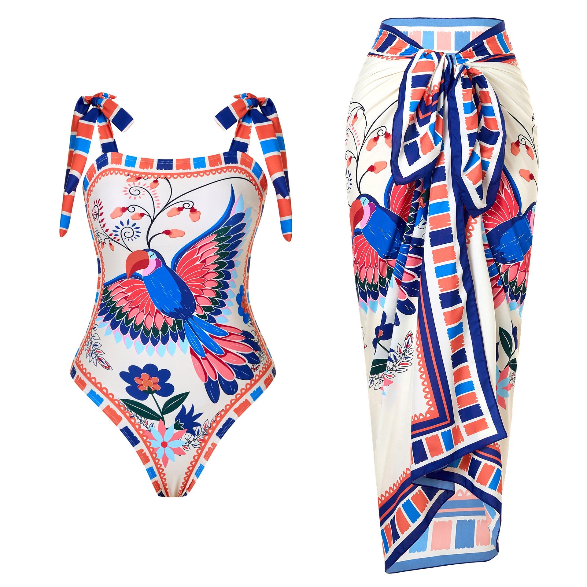 Products Retro Printed Swimsuit Women Conservative One Piece Chiffon Two Piece Sets Blouse Swimsuit Outfit