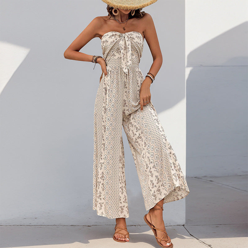 Summer Binding Jumpsuit Ethnic Print Casual Sleeveless Tube Top One Piece Wide Leg Pants