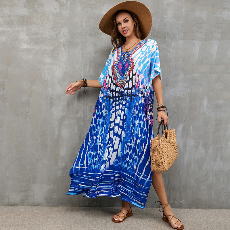Rope Positioning Maxi Dress Loose Robe Seaside Vacation Beach Dress Bikini Swimsuit Blouse Women