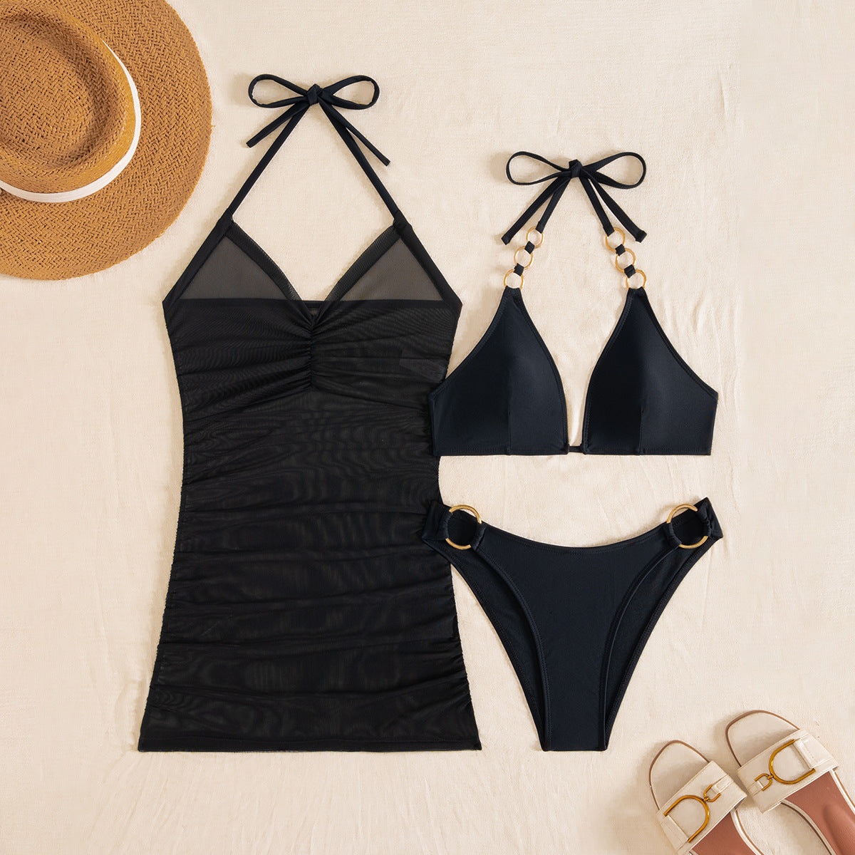 Ladies Three Piece Set Split Swimsuit Sexy Mesh Pleating Halter Bikini