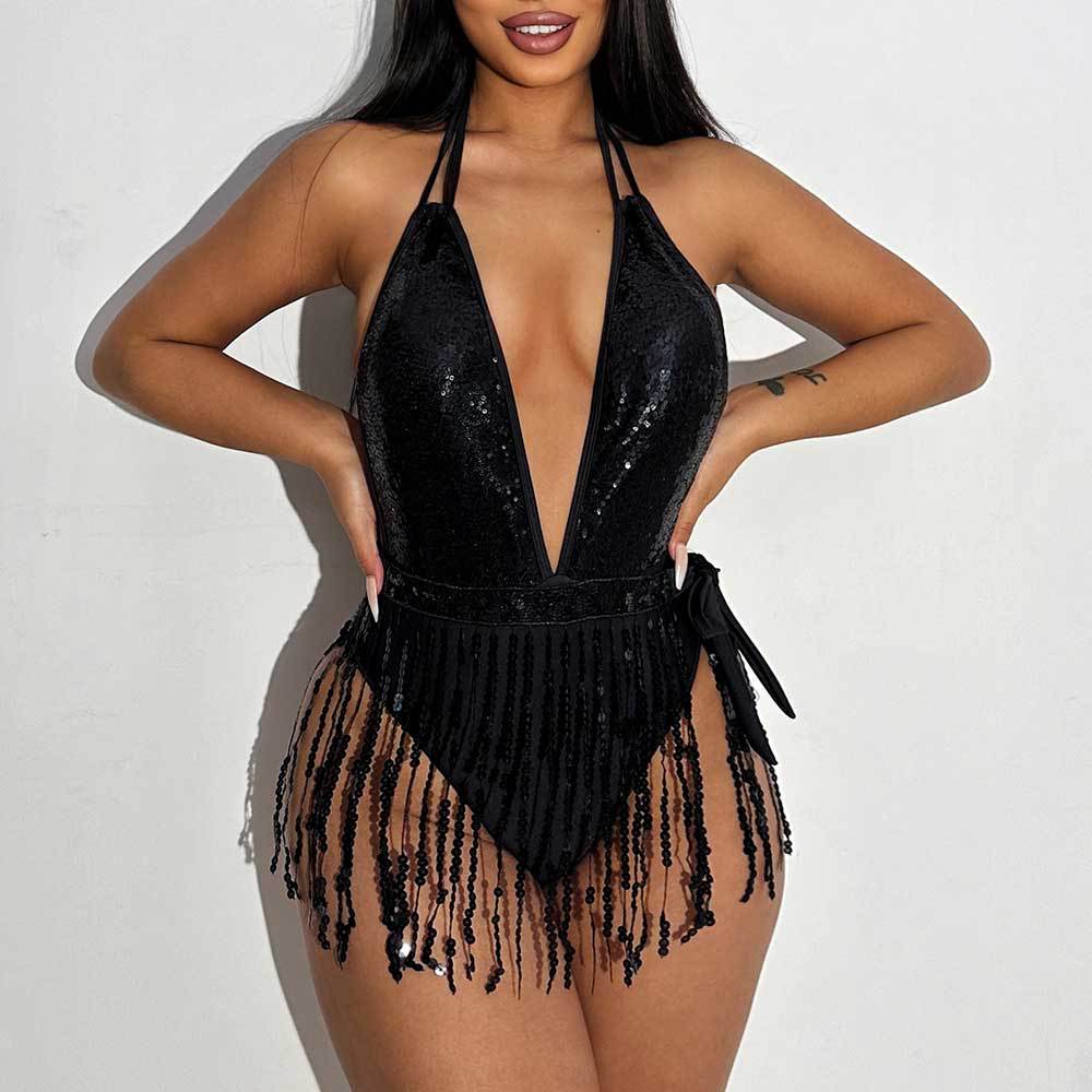 Swimwear Women Sexy Deep V Plunge Swimsuit Tassel One Piece Swimsuit Bikini Swimsuit