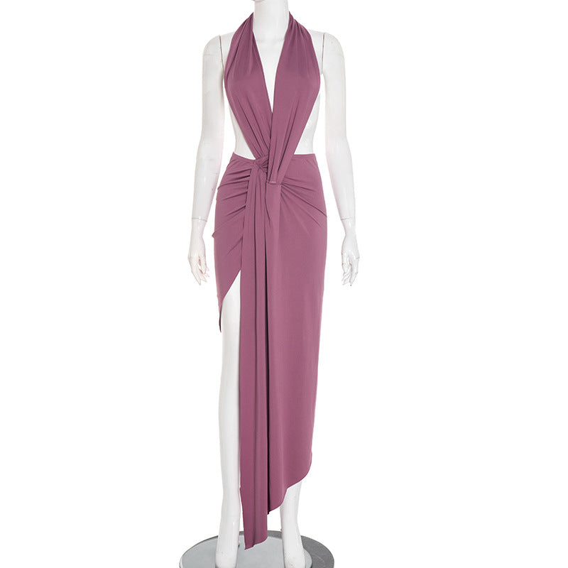 Women Sexy Slim Fit Halter Backless Sleeveless Pleated Elegant Maxi Dress