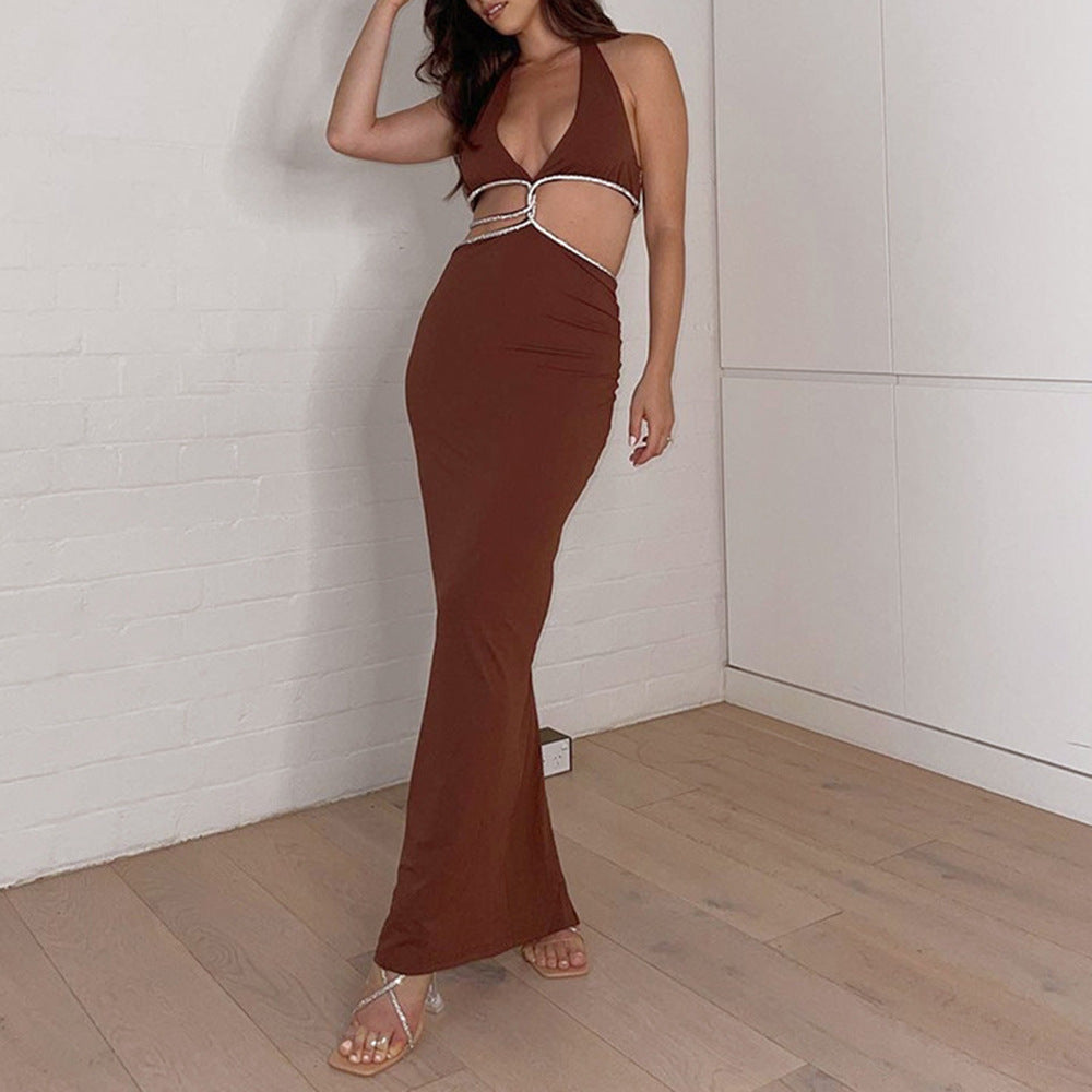 Sexy Cropped Outfit Halter Diamond Rope Maxi Dress Women