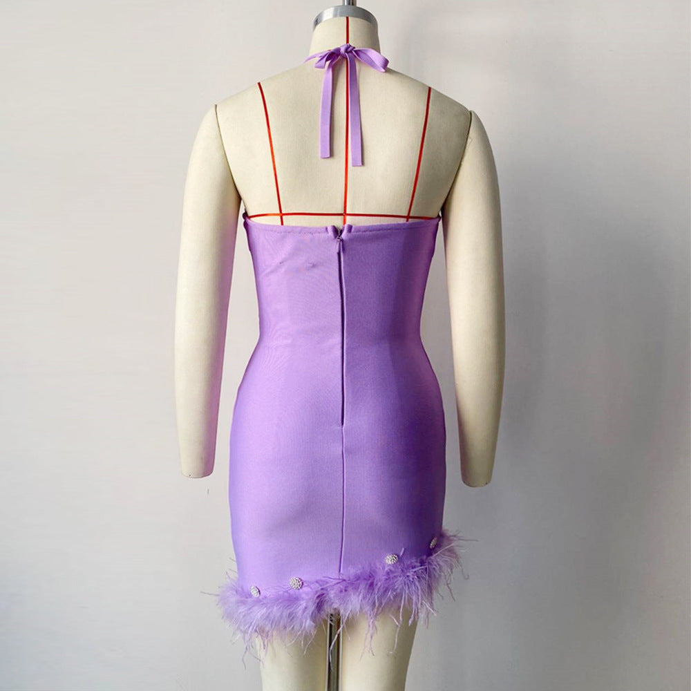 Sexy Halter Diamond Feather Stretch Bandage One Piece Dress Party Dress