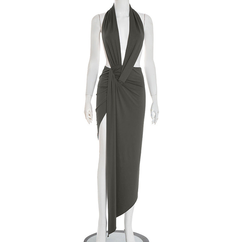 Women Sexy Slim Fit Halter Backless Sleeveless Pleated Elegant Maxi Dress