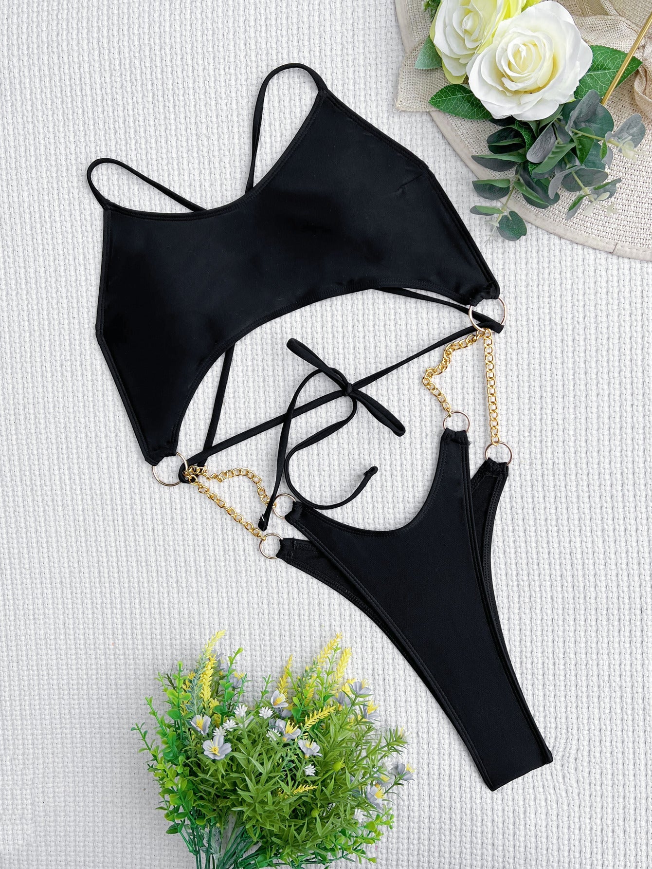 Women Double One Piece Swimsuit Banded Bikini Swimsuit Backless Swimsuit Solid Color Bikini