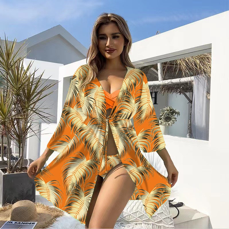 Bikini Three Piece Set Sunscreen Swimwear Mult Color Printed Long Sleeved Swimsuit for Women