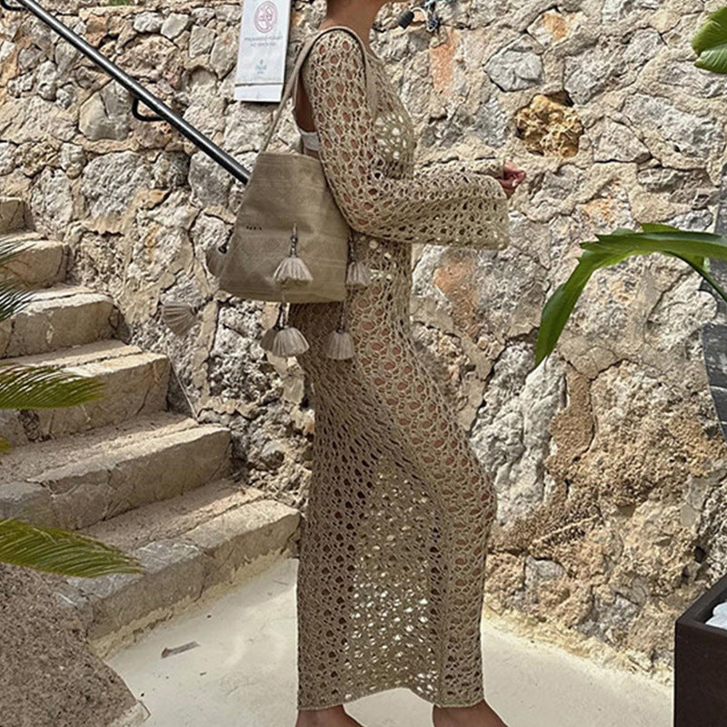 Women Clothes Sexy Hollow Out Cutout Long Sleeved round Neck Maxi Dress Holiday Beach Overskirt Crochet hook