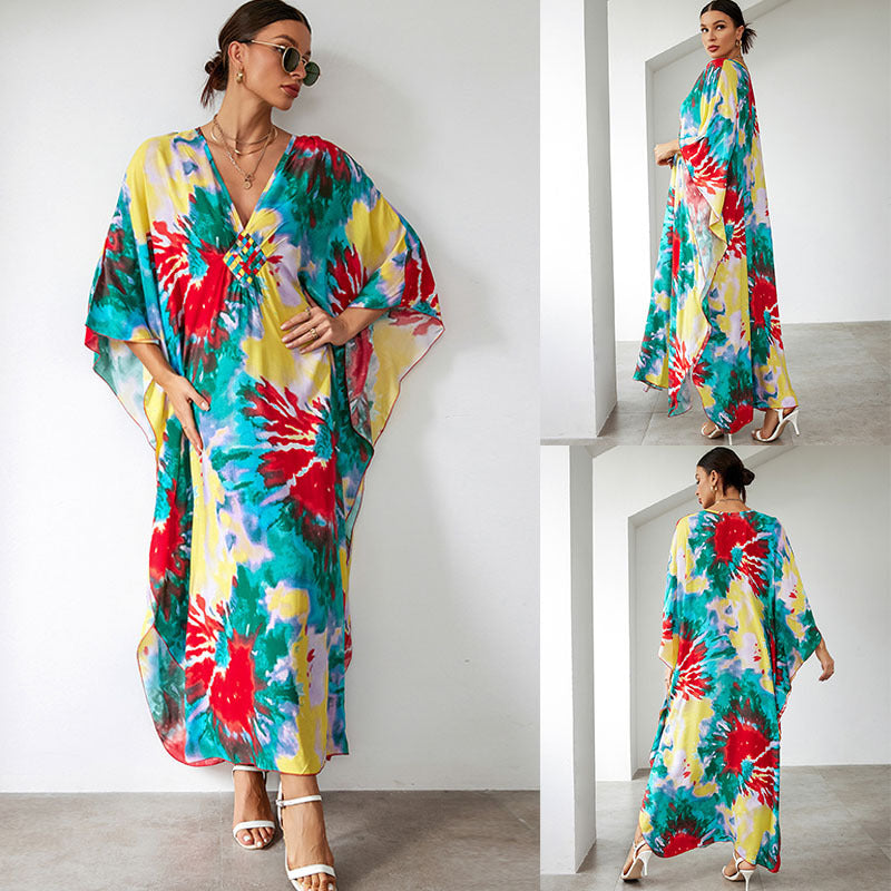 Rayon Print Holiday Loose Robe Beach Jacket Maxi Dress Bikini Cover