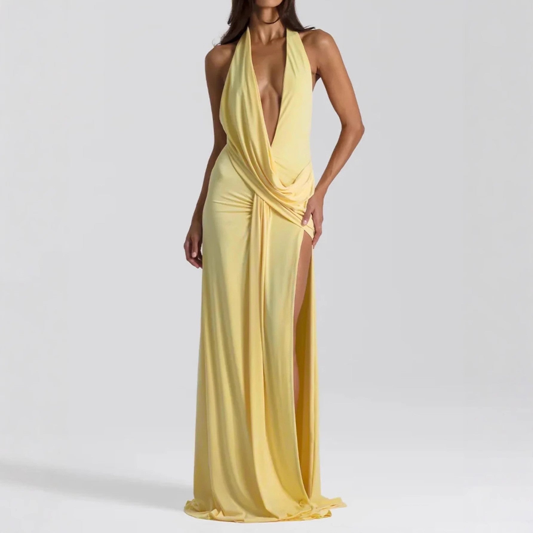 Women Deep V Plunge neck Lace up Backless Sexy Streamers Dress Sexy Maxi Dress