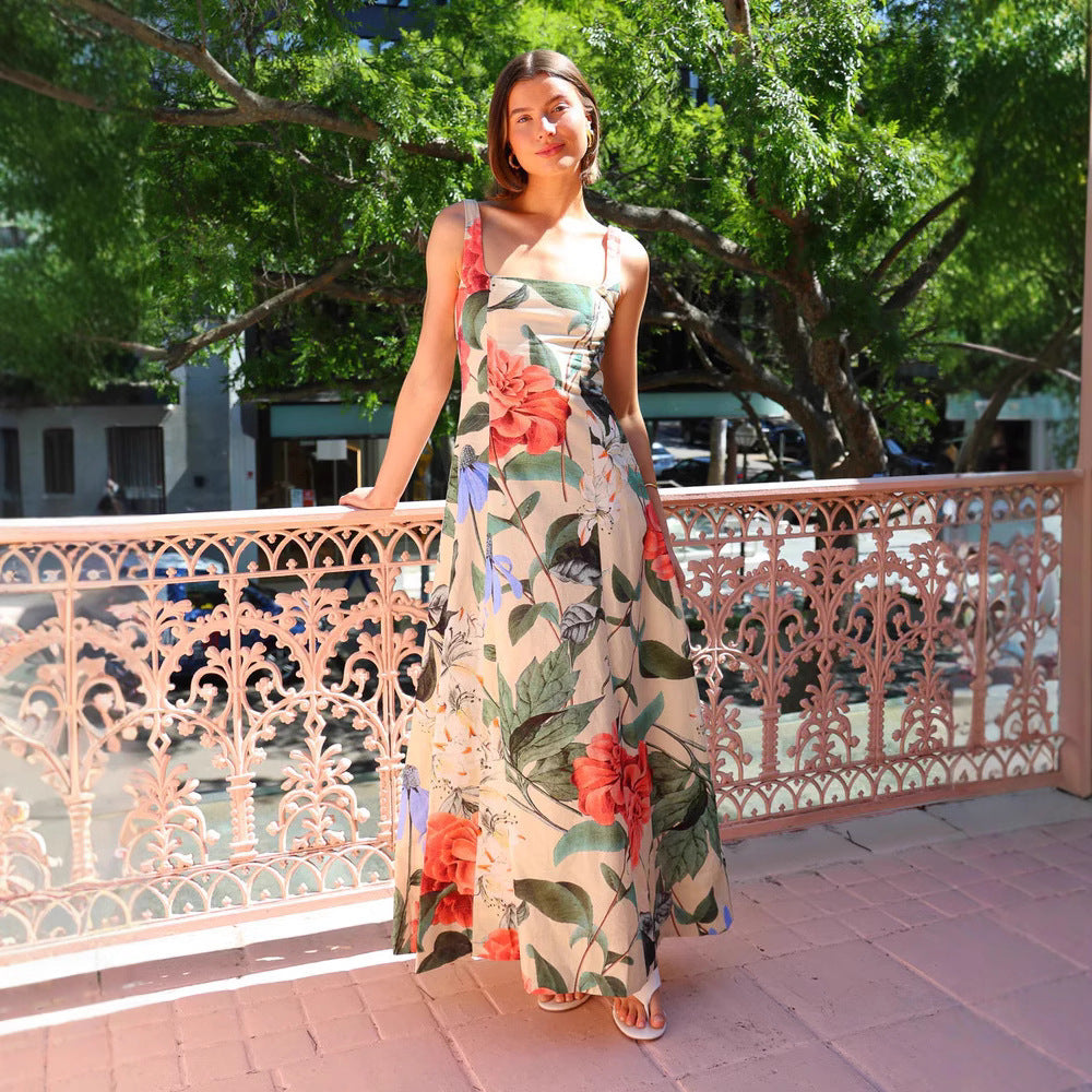 Spring Summer Maxi Dress Same Printed Square Collar Slimming Large Swing Length Dress