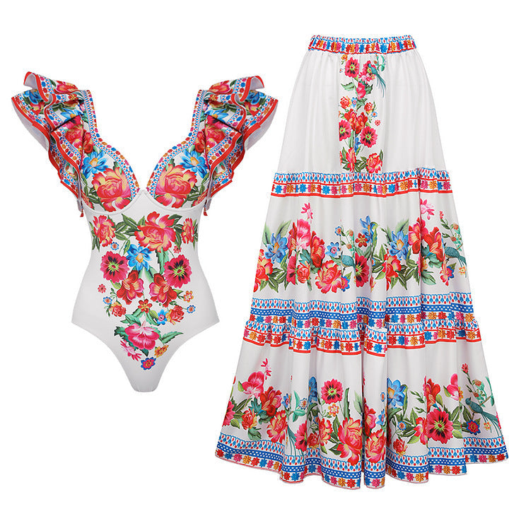 Ruffled Slimming Printed One Piece Swimsuit Women