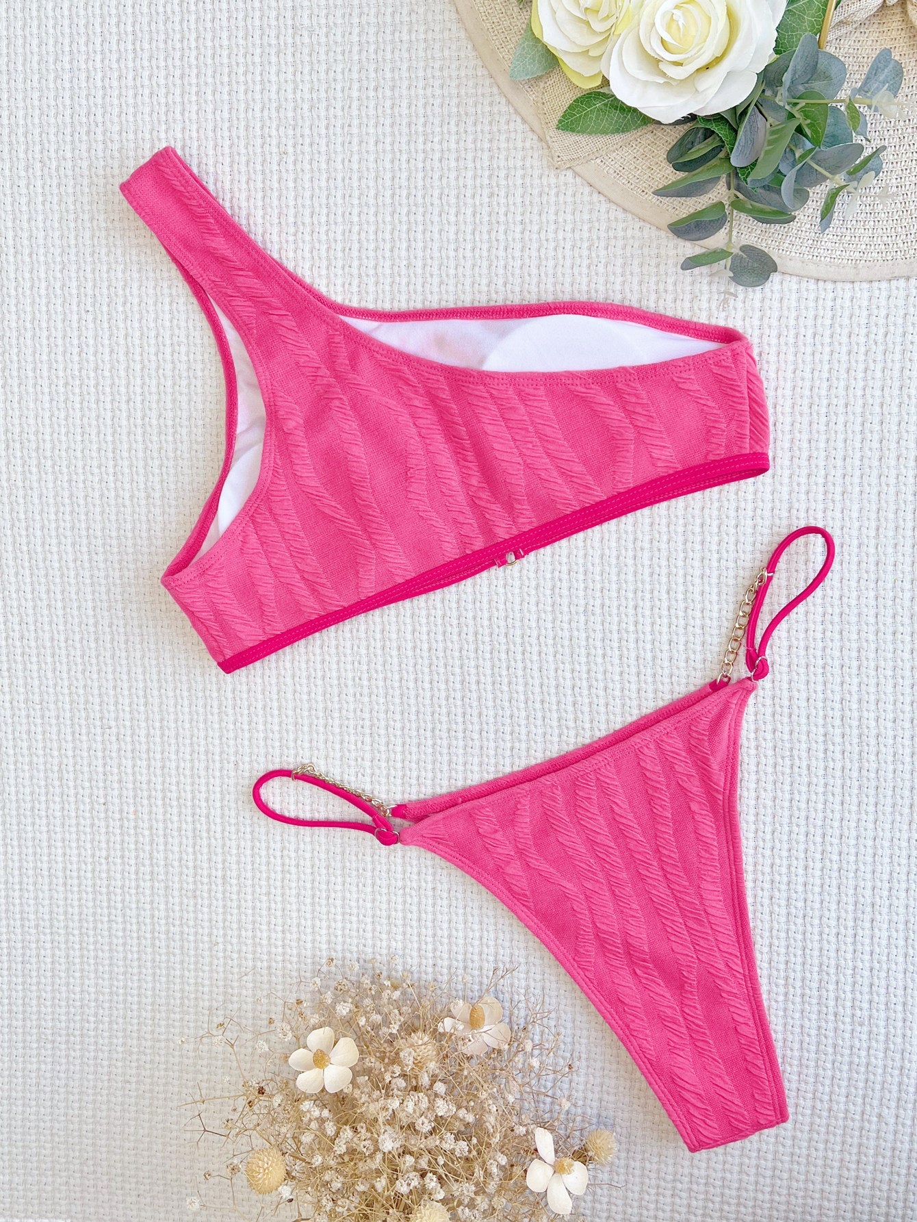 Bikini Double Bikini Open Back Swimsuit One Shoulder Swimsuit Women Sexy Swimsuit Solid Color