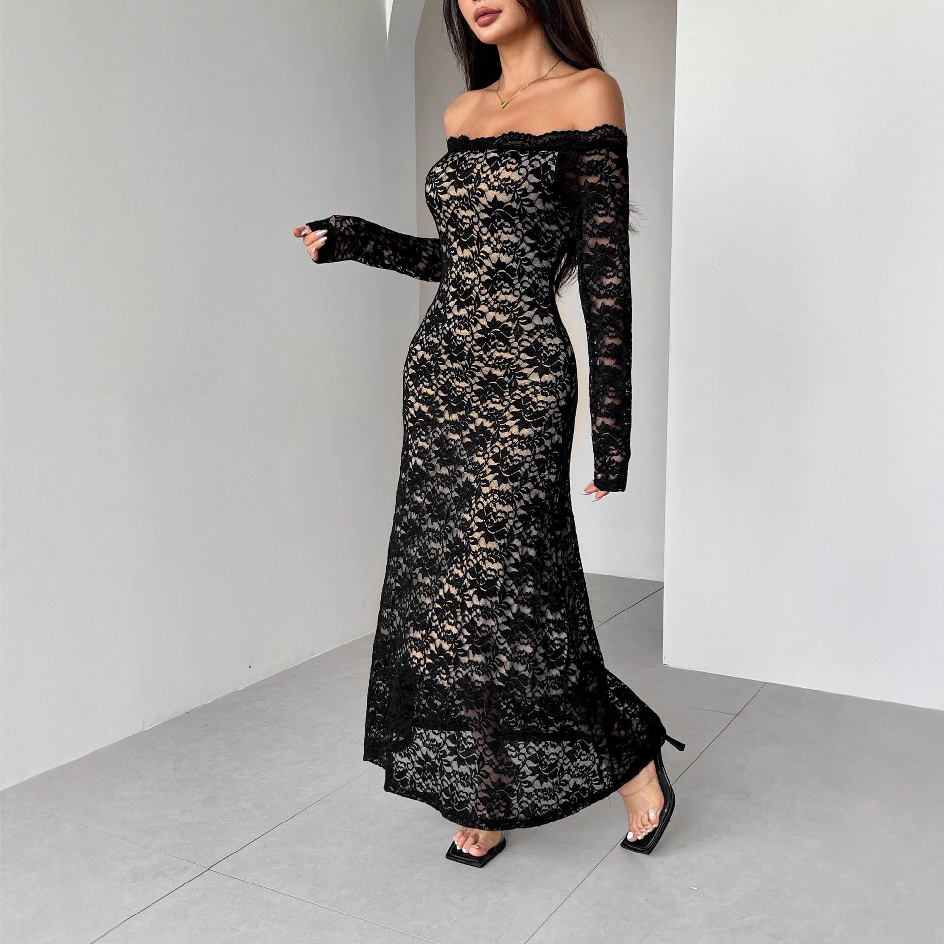 Autumn Winter Long Sleeve Lace off Neck Slim Slimming Maxi Dress Women