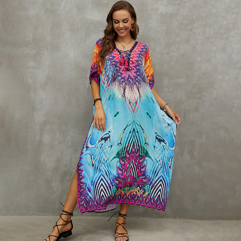 Rope Positioning Maxi Dress Loose Robe Seaside Vacation Beach Dress Bikini Swimsuit Blouse Women