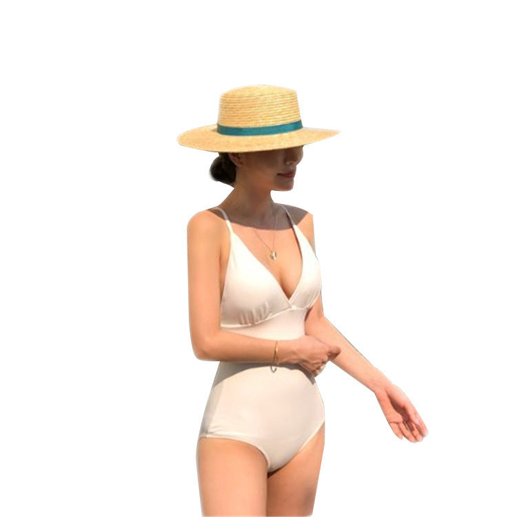 One Piece Swimsuit Solid Color Conservative Cover Belly Thin Swimsuit Women Halter Bikini Women