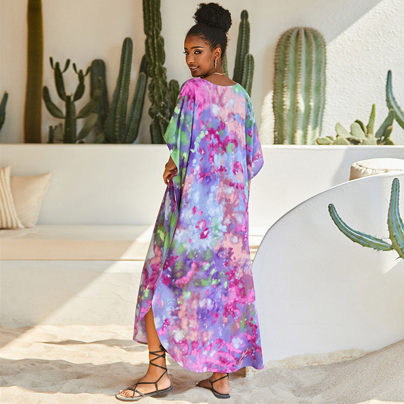 Rayon Purple Printed Beach Cover up Vacation Maxi Dress Robe Beach Cover Up