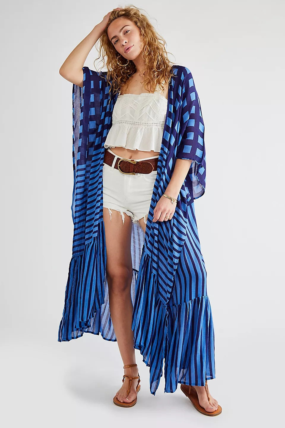 Rayon Plaid Vertical Print Cardigan Holiday Casual Beach Bikini Cover Attached Rope