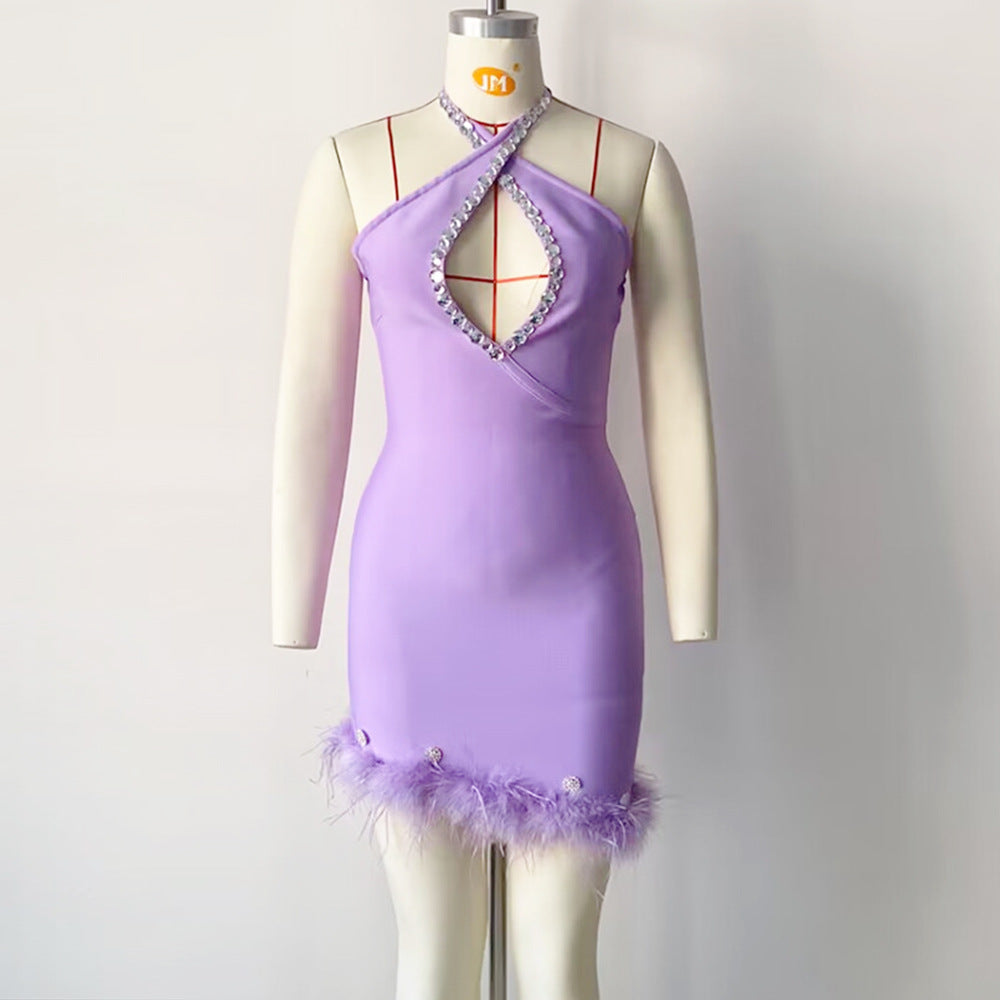 Sexy Halter Diamond Feather Stretch Bandage One Piece Dress Party Dress
