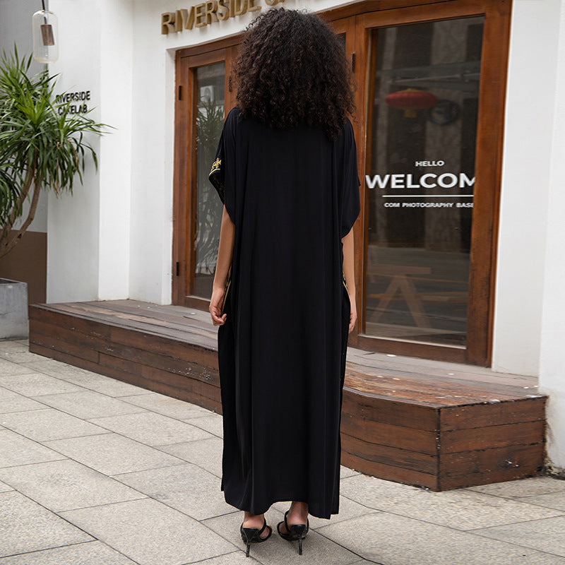 Rayon Embroidered Holiday Loose Jumpsuit Long Robe Beach Sun Protection Maxi Dress Beach Cover Up