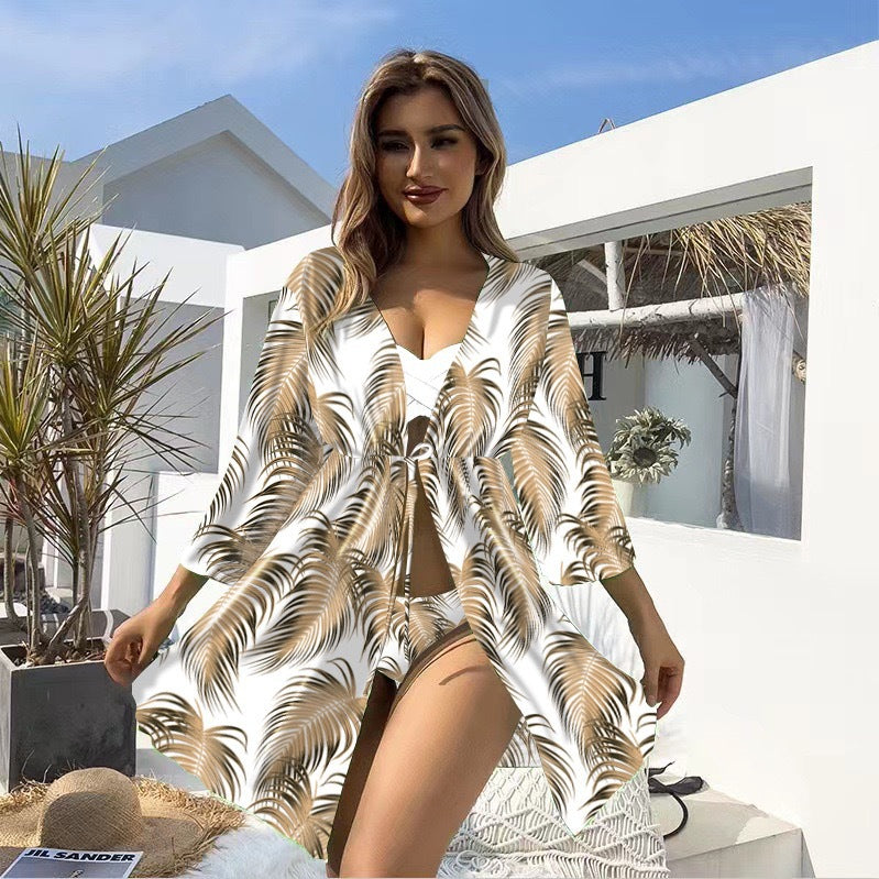Bikini Three Piece Set Sunscreen Swimwear Mult Color Printed Long Sleeved Swimsuit for Women