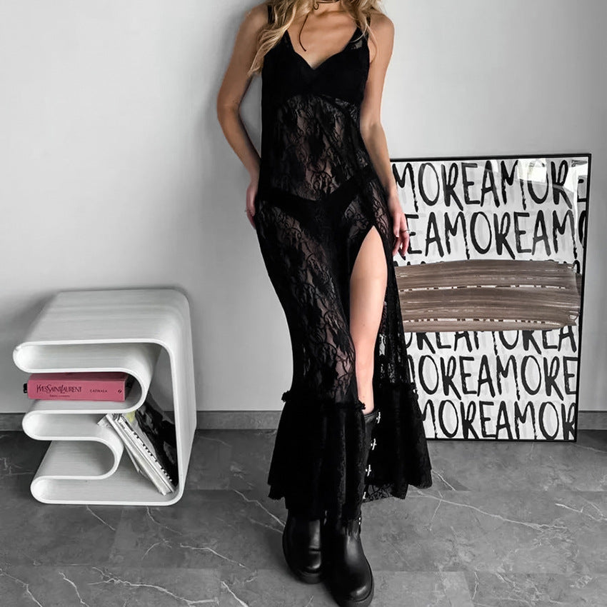 Sexy Black Brocade Lace Strap Maxi Dress Stitching Hollow Out Cutout out See through Dress