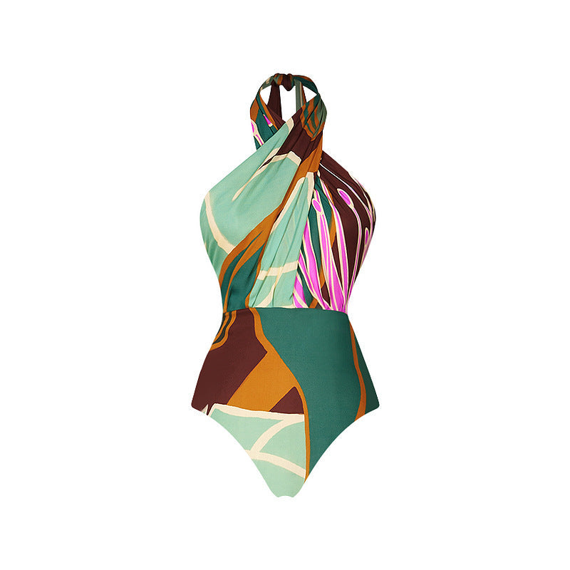Halterneck Printed One Piece Swimsuit Women Clothing Wear