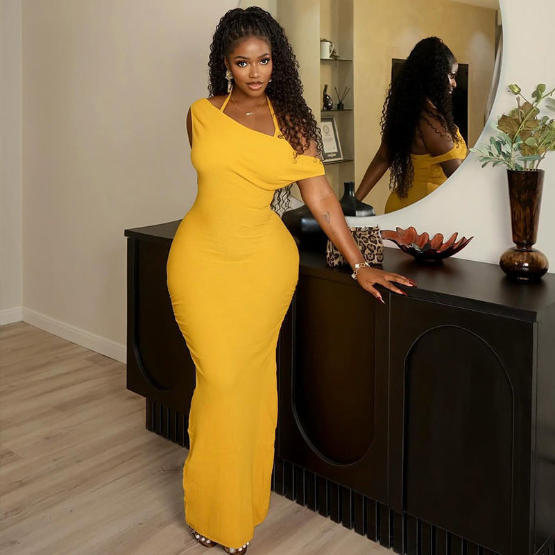 Elegant Women Slim Fit Sheath Elegant One Step Dress Backless Halter Solid Color Split Maxi Dress