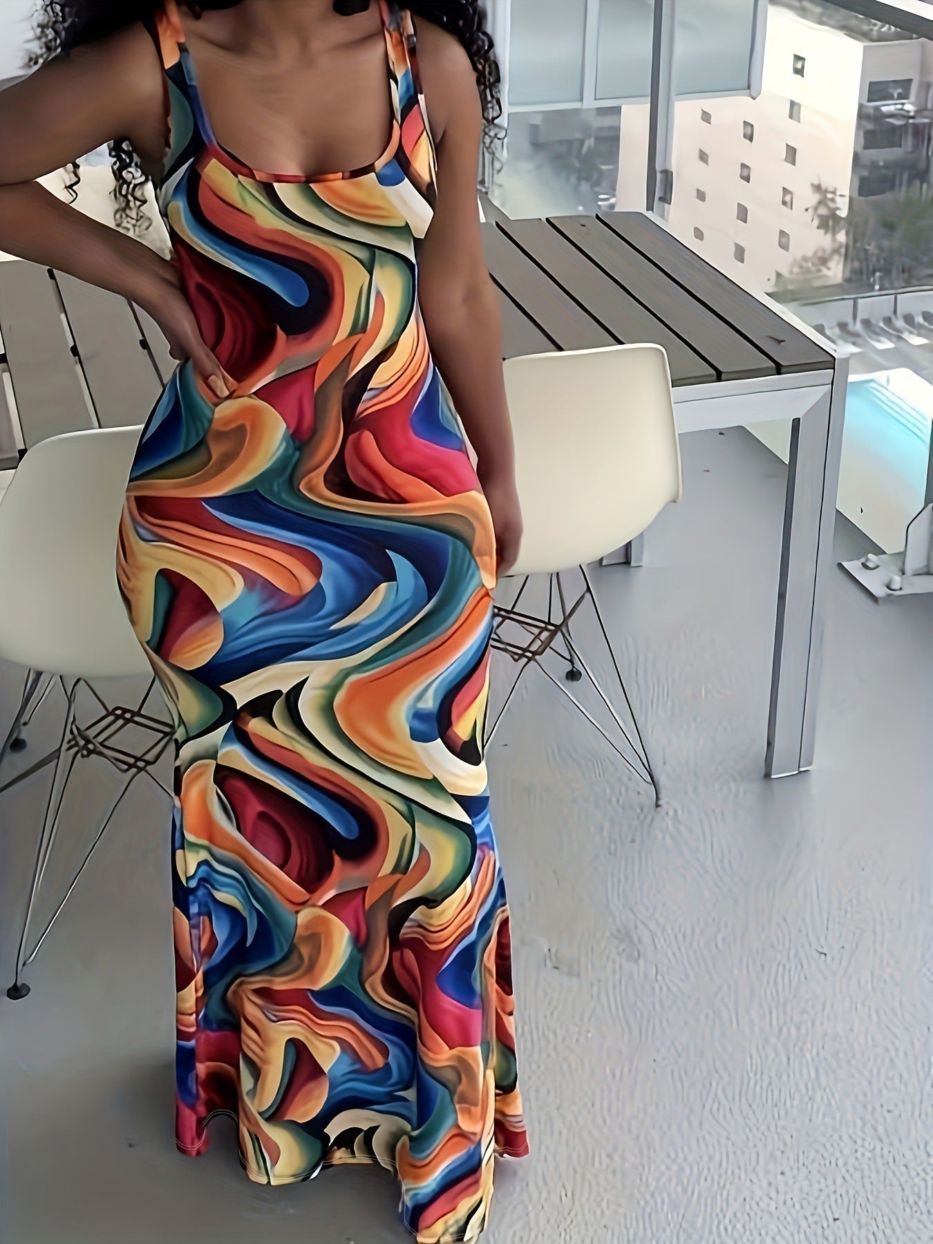 Women Trendy Temuw Women Clothing Printed Wave Pattern Maxi Dress