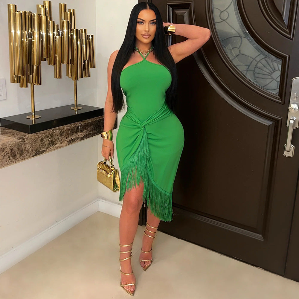 Women Clothing Sleeveless Lace up Skinny Sheath Tassel Maxi Dress Asymmetric Summer