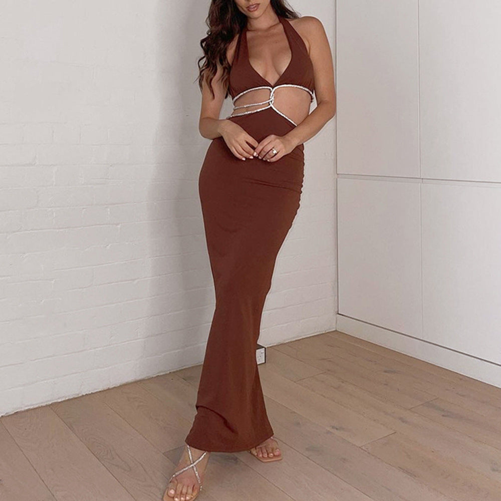 Sexy Cropped Outfit Halter Diamond Rope Maxi Dress Women