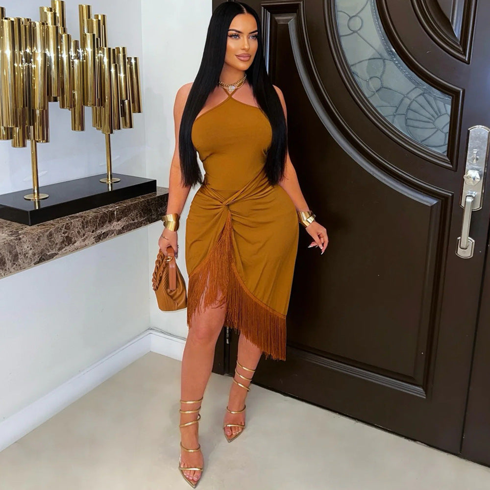 Women Clothing Sleeveless Lace up Skinny Sheath Tassel Maxi Dress Asymmetric Summer