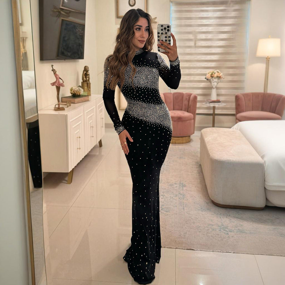 Half Turtleneck Sexy Sheath Maxi Dress Party Rhinestone