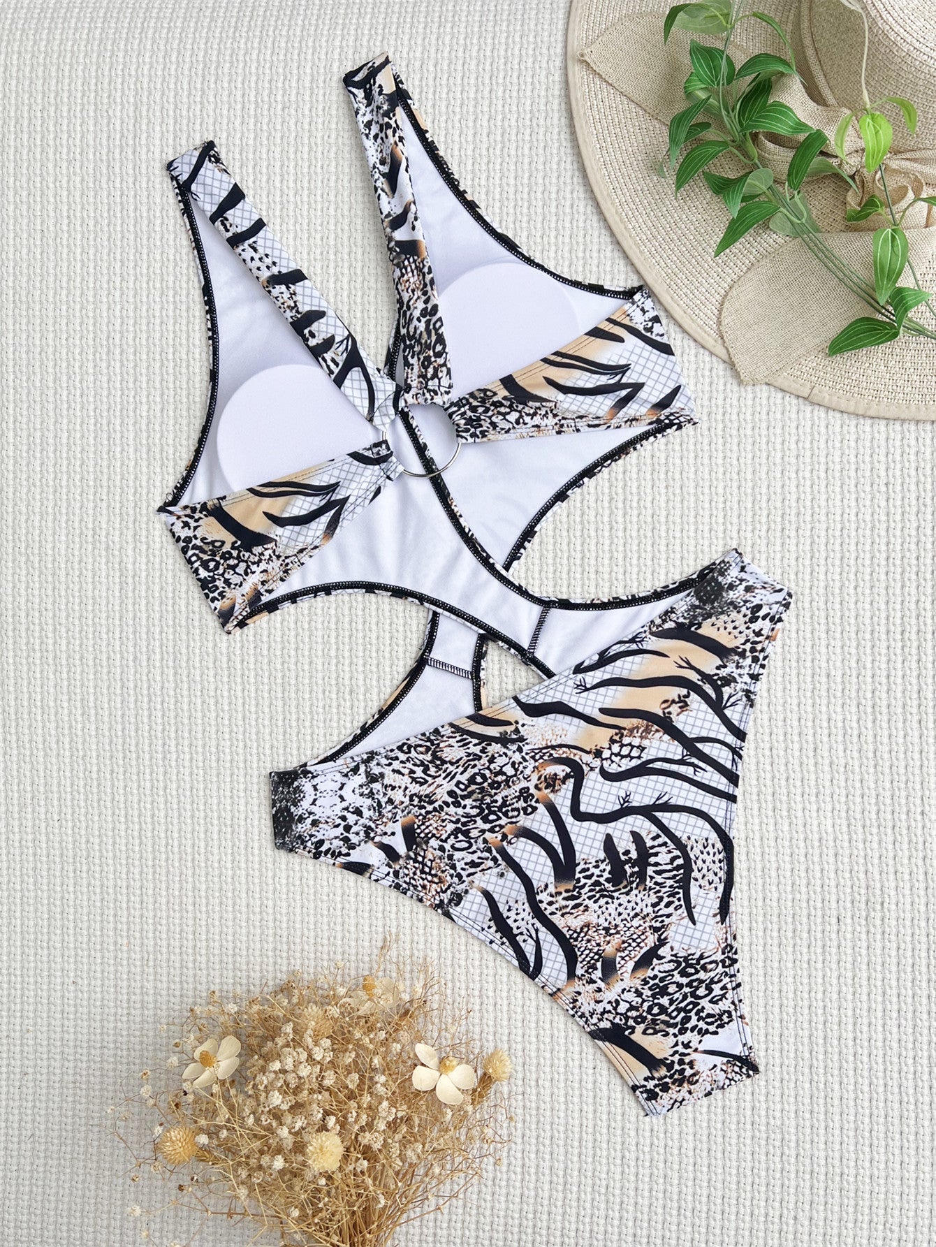 Chic Double One Piece Swimsuit Halter Bikini Swimsuit Women Sexy Swimsuit Printed Bikini